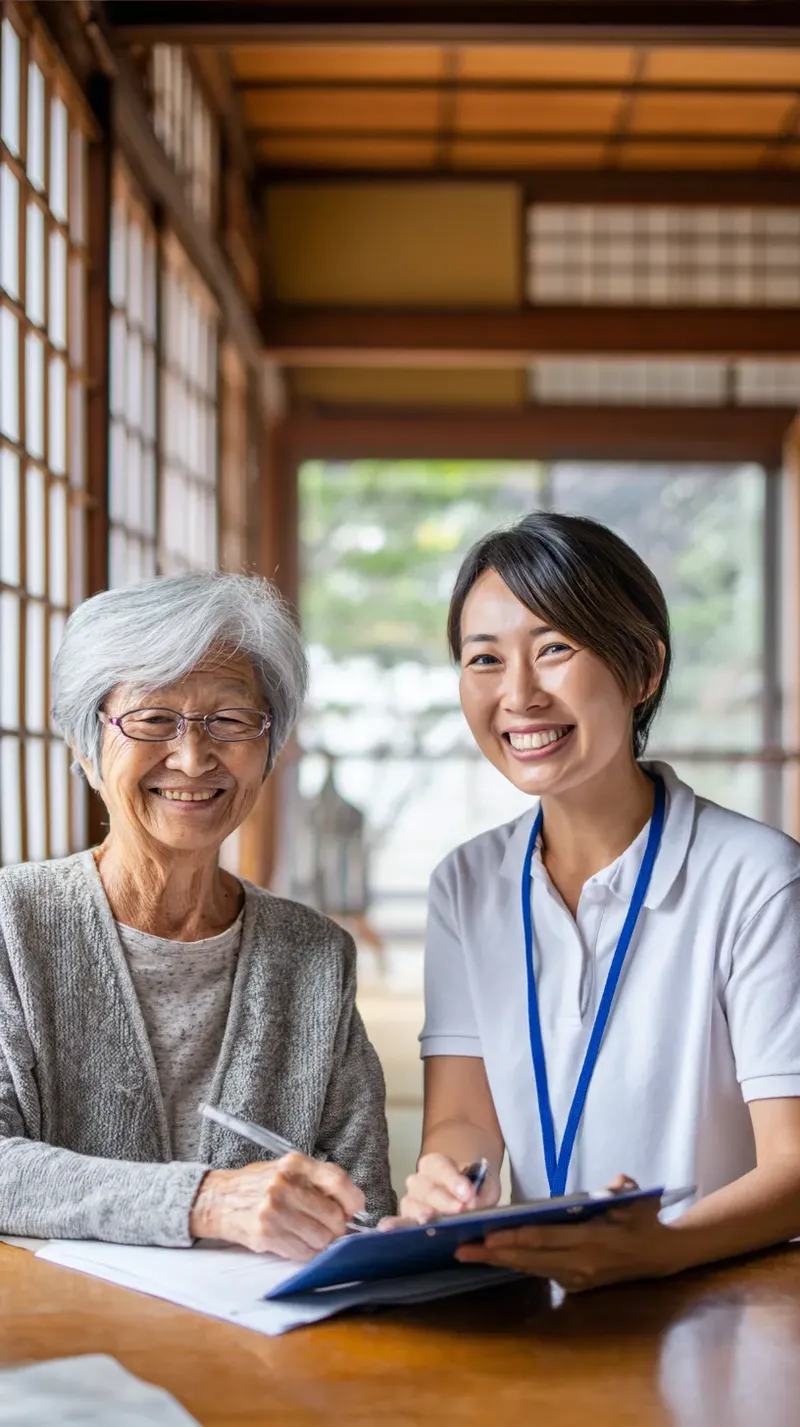 笑顔の高齢女性とスタッフ