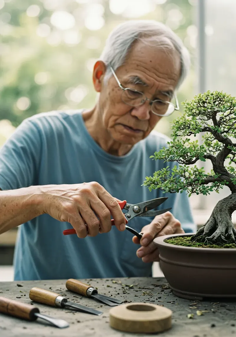 盆栽の手入れをする高齢の男性
